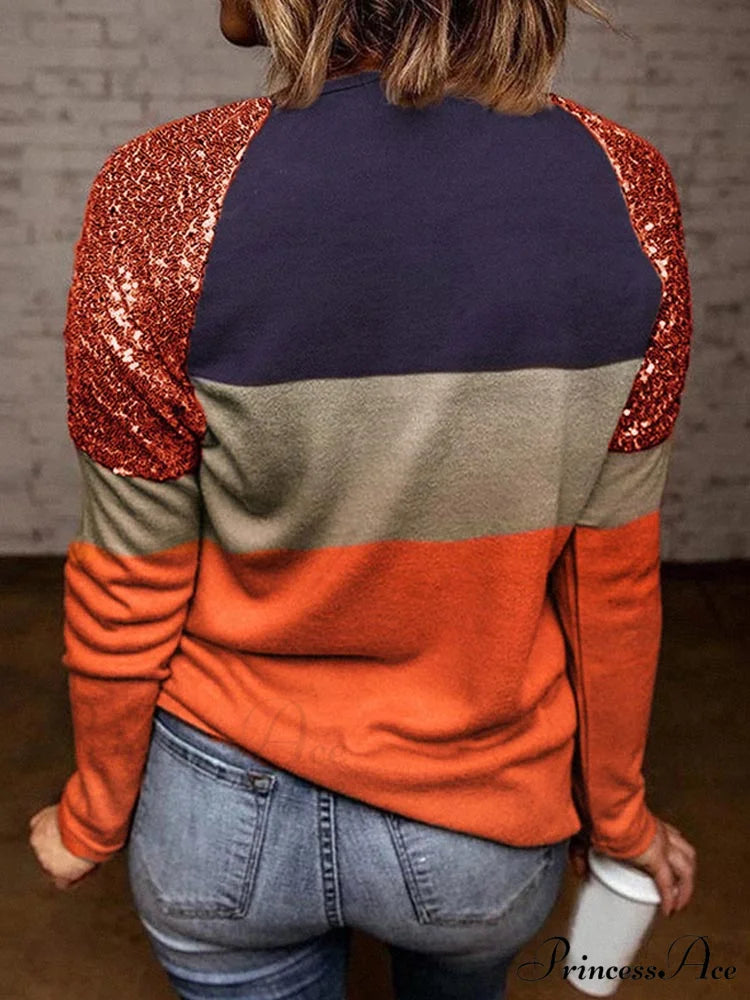 Oversized Sequin Long Sleeve Color Block TShirt