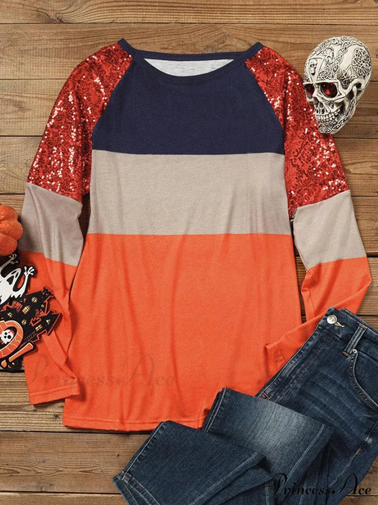 Oversized Sequin Long Sleeve Color Block TShirt