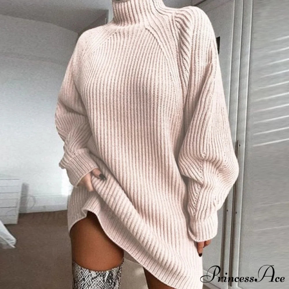 Oversized Solid Long Sleeve Elegant Mini Sweater Dress Pink / S