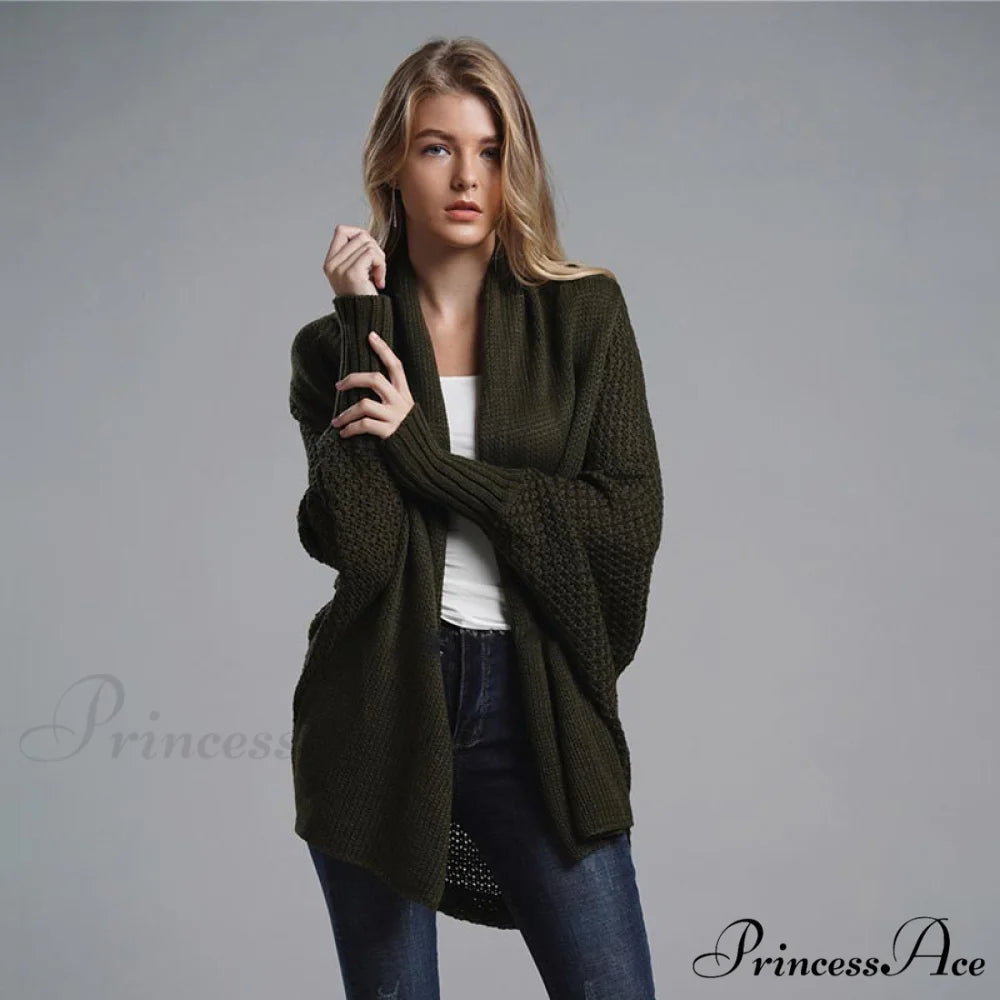Oversized Sweater Knitted Patchwork Batwing Sleeves Cardigan Dark Green / One Size