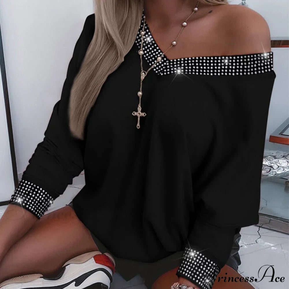 Oversized Y2K Rhinestone V-Neck Long Sleeve Casual Tee