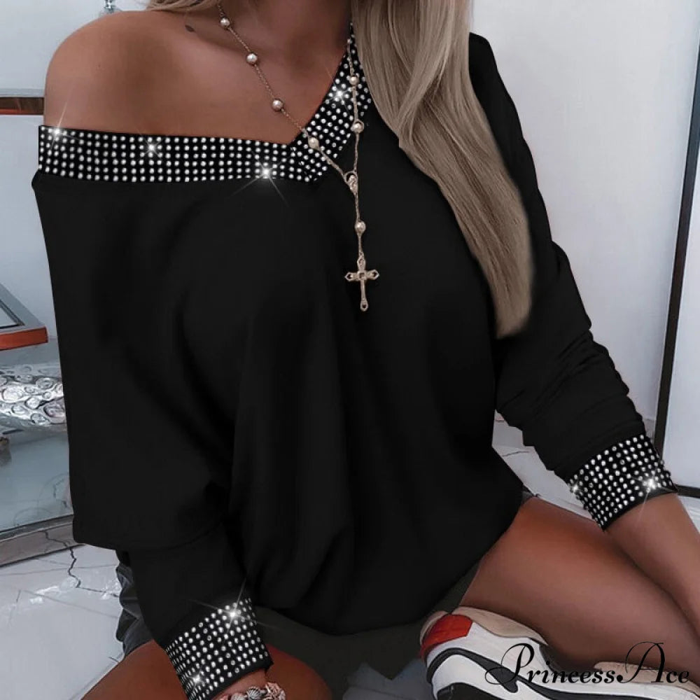 Oversized Y2K Rhinestone V-Neck Long Sleeve Casual Tee