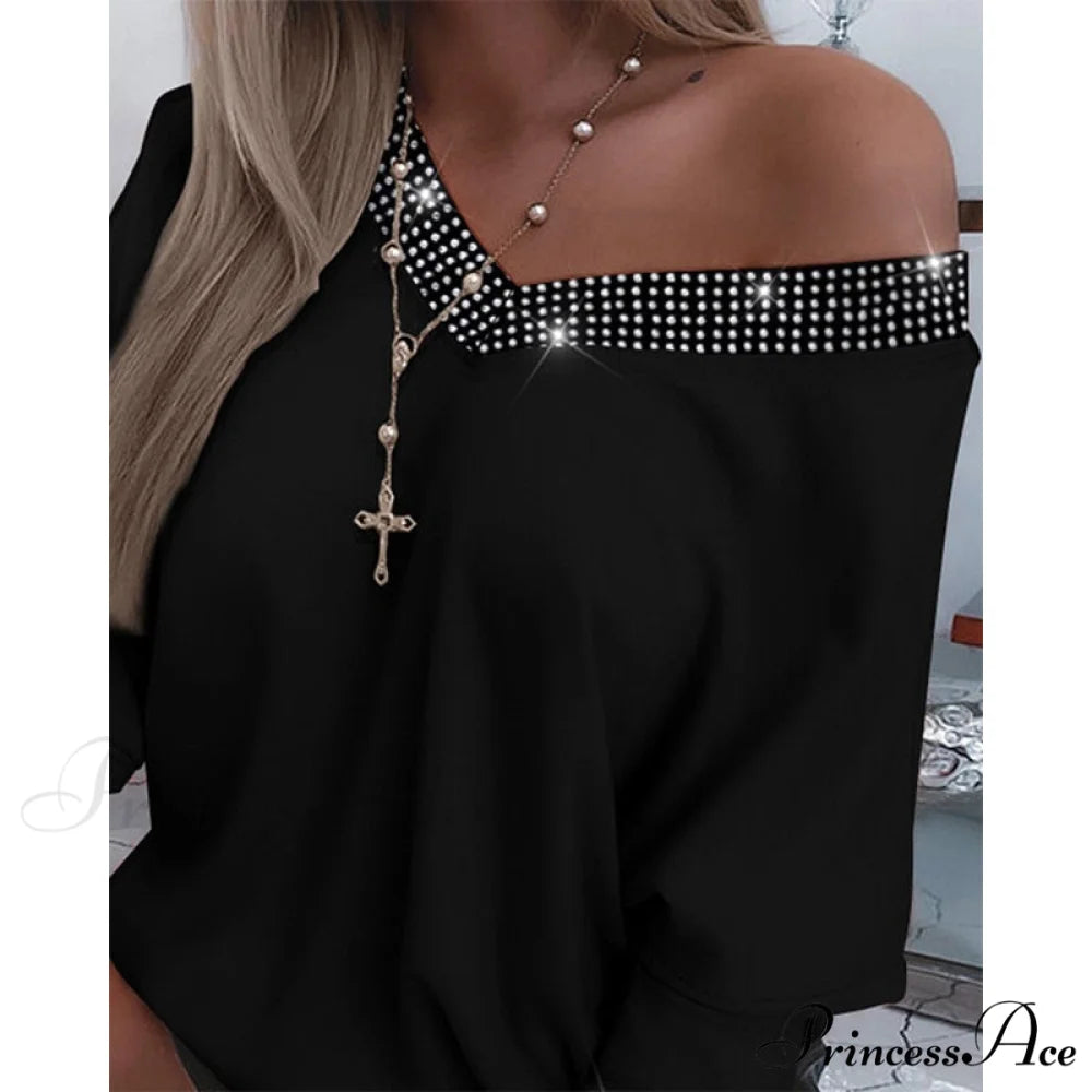 Oversized Y2K Rhinestone V-Neck Long Sleeve Casual Tee