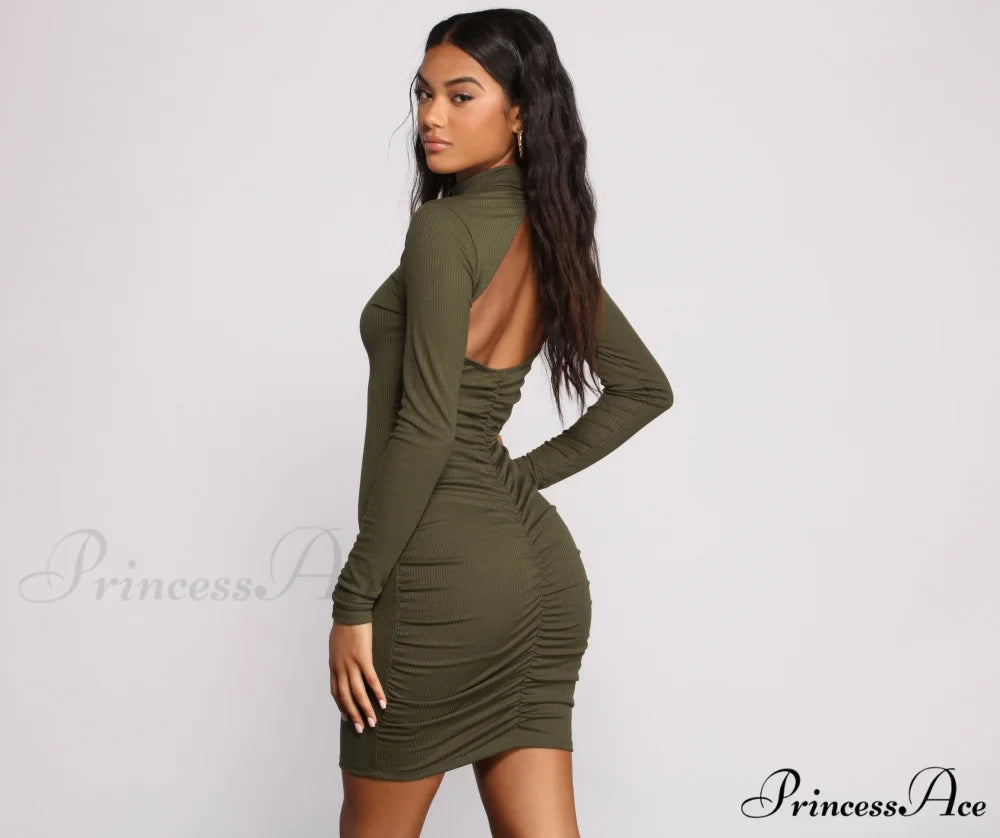 Own Knit Stylish Ruched Mini Dress OLIVE / XS