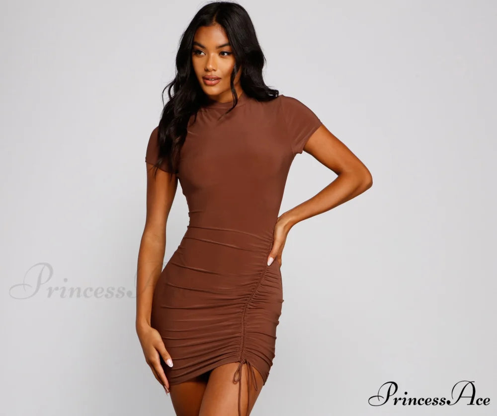 Own That Ruched Charming Tie Bodycon Dress BROWN / XS