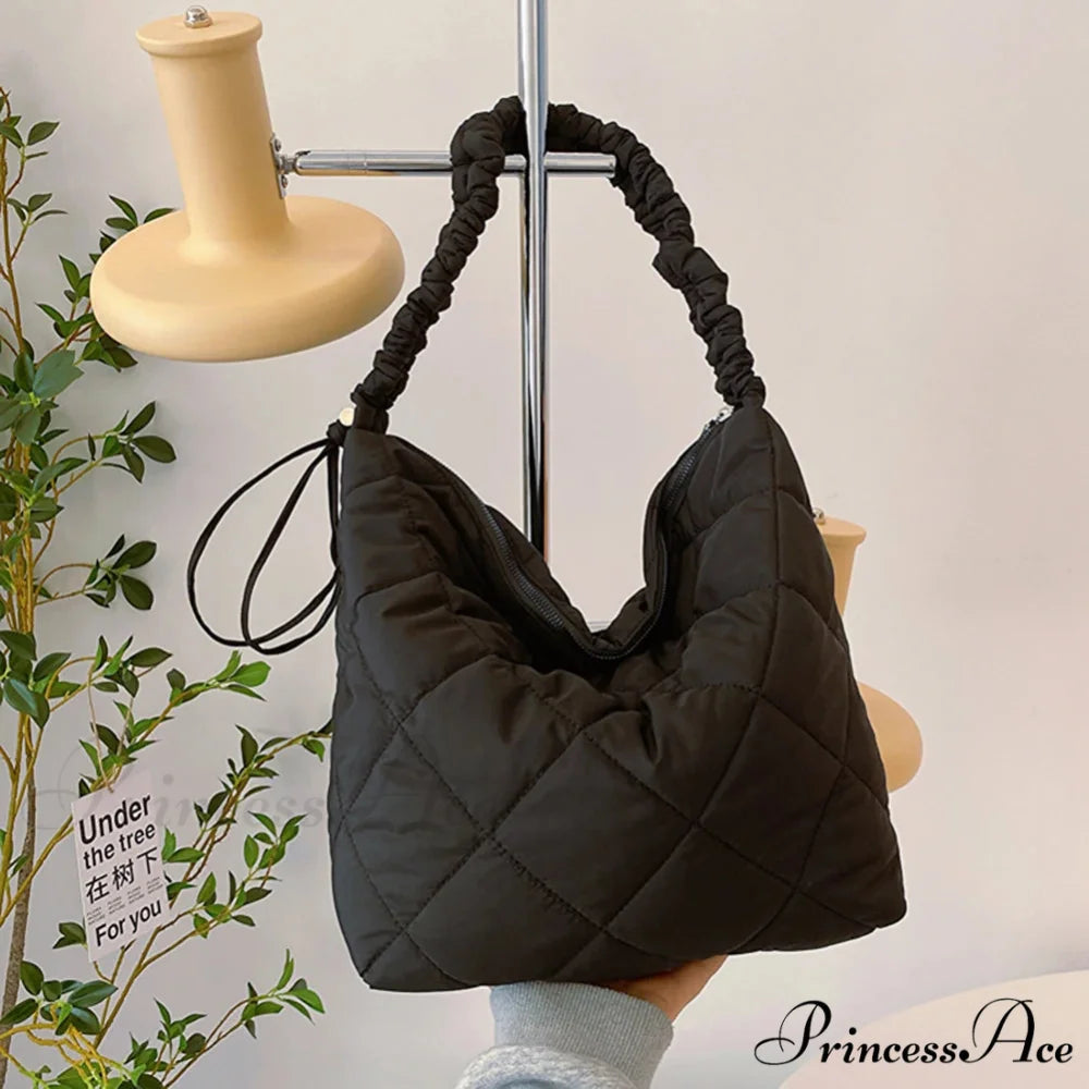 Padded Puffer Tote Shoulder Bag for Women Black shoulder-250126