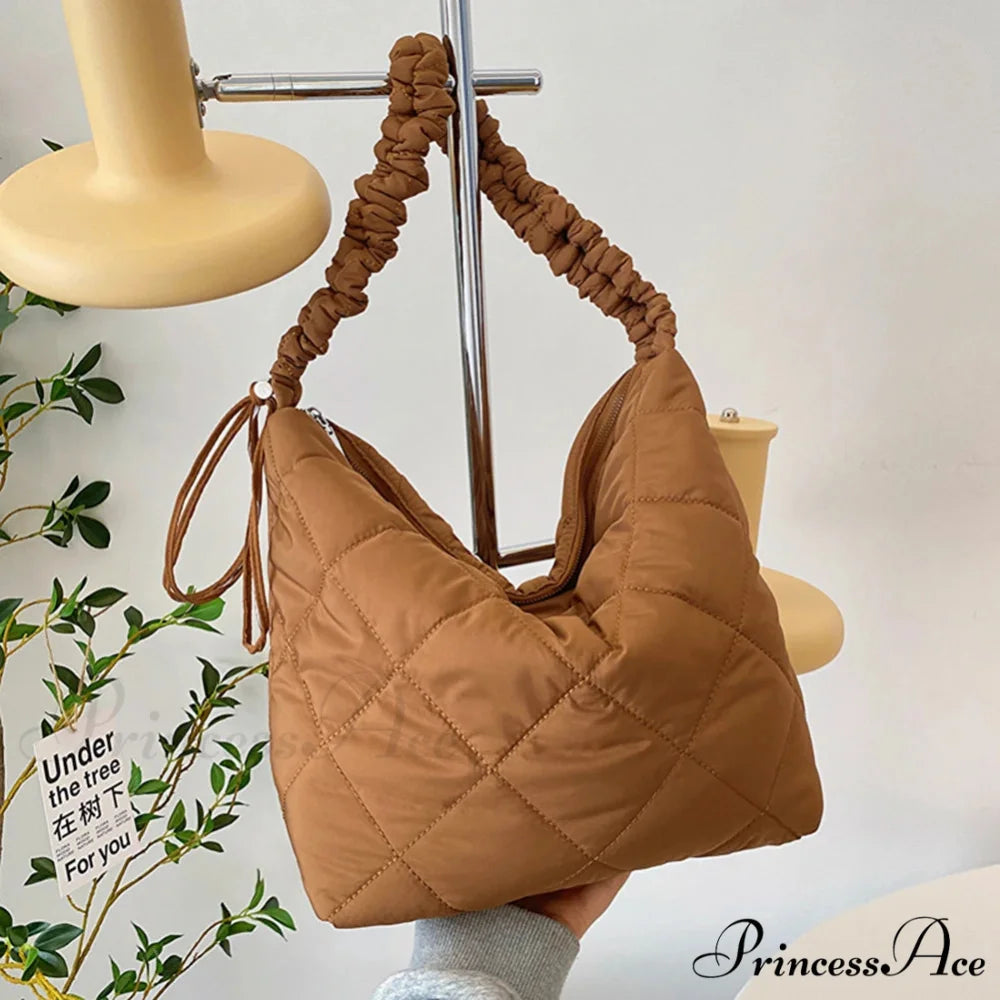Padded Puffer Tote Shoulder Bag for Women Khaki shoulder-250126