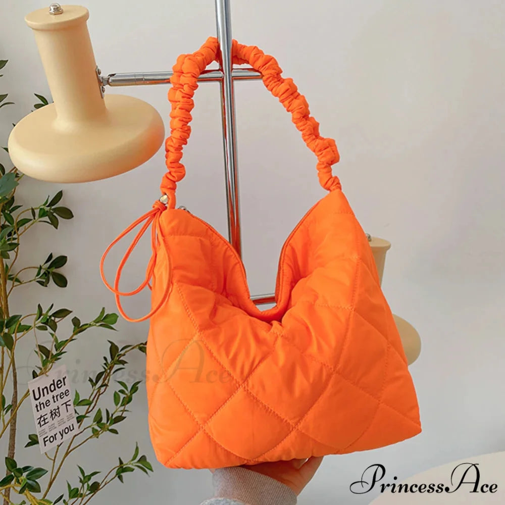 Padded Puffer Tote Shoulder Bag for Women Orange shoulder-250126