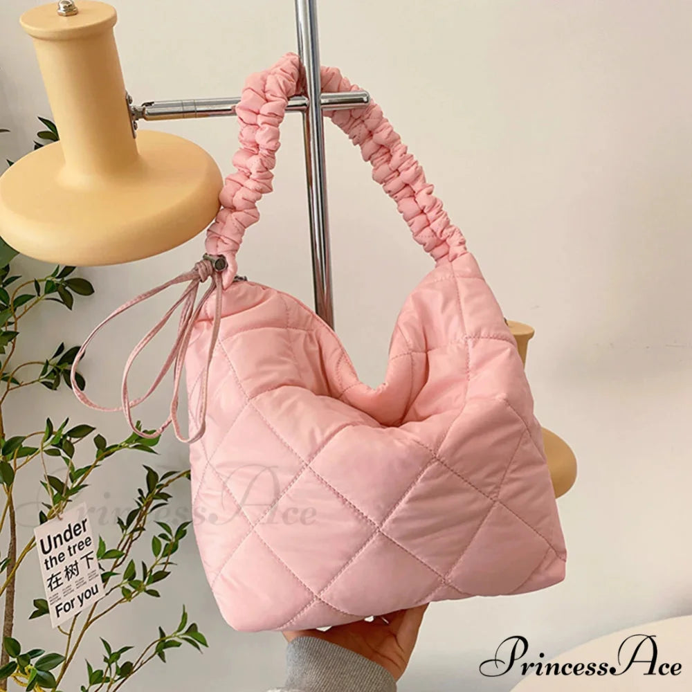 Padded Puffer Tote Shoulder Bag for Women Pink shoulder-250126