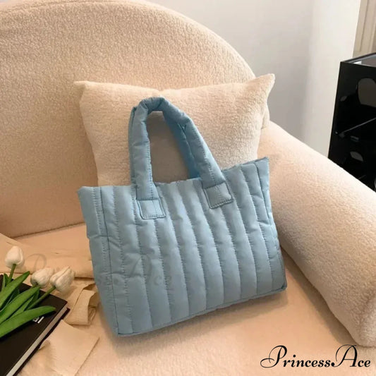 Padded Quilted Solid Color Traveler Handbag Blue handbag-250126
