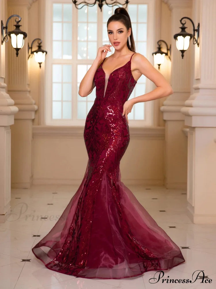 Padded V-Neck Sequin Party Dress Claret / S