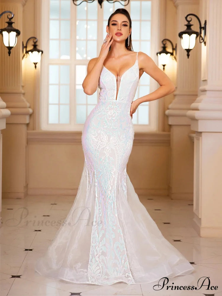 Padded V-Neck Sequin Party Dress WHITE / S