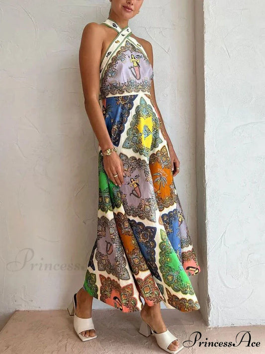 Paisley Satin Stylish Floral Midi Dress Multi-Color / S