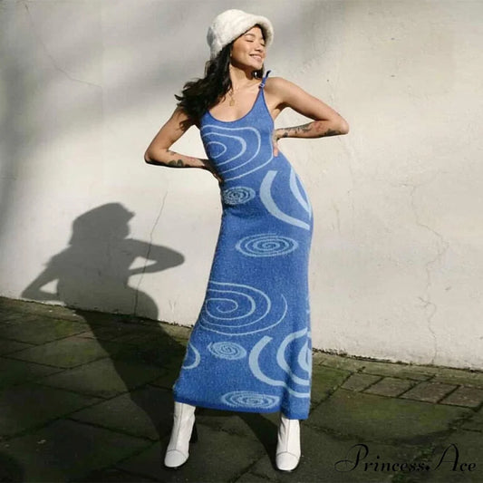 Paisley Vintage Spaghetti Fashion - Y2K Bodycon Strap Gown Coastal Party Green Vestido Blue Dress / S