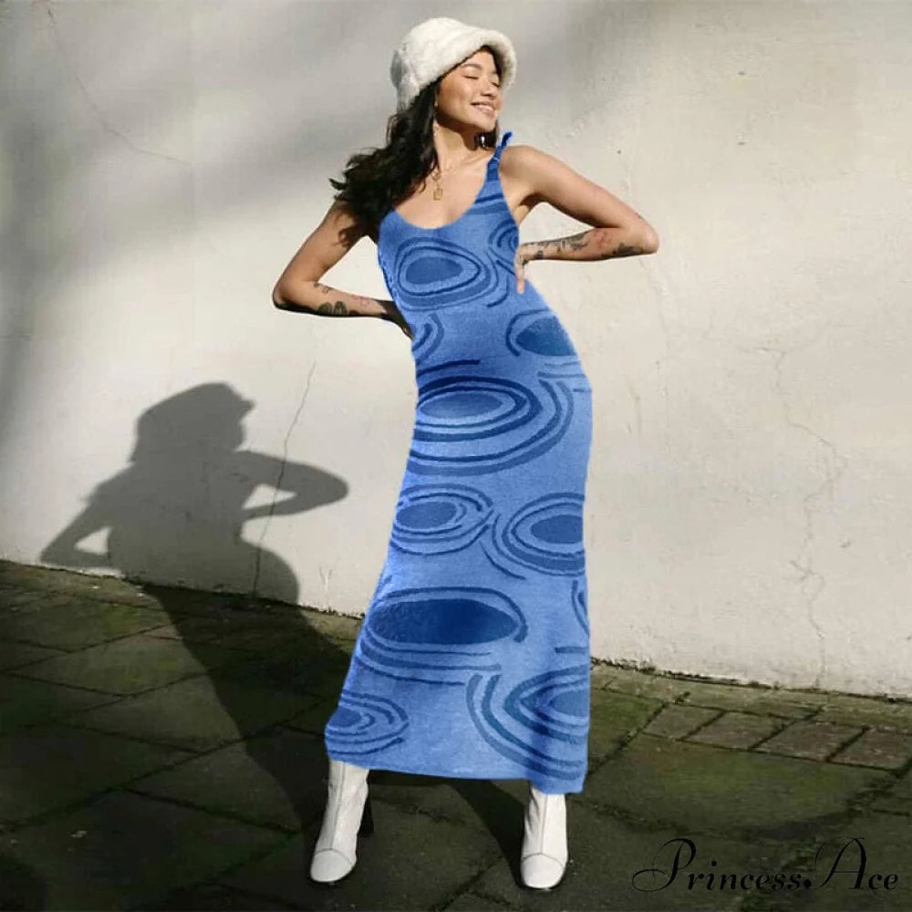 Paisley Vintage Spaghetti Fashion - Y2K Bodycon Strap Gown Coastal Party Green Vestido Blue Knitted Dress / S