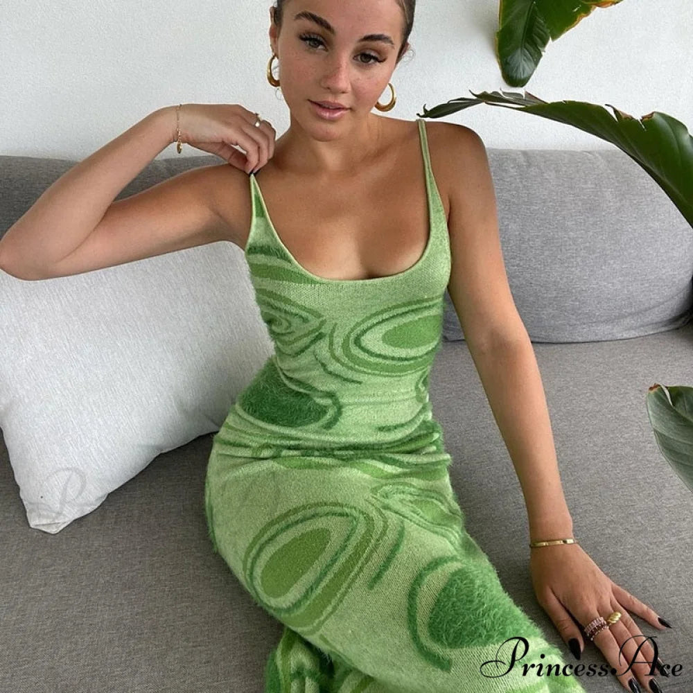 Paisley Vintage Spaghetti Fashion - Y2K Bodycon Strap Gown Coastal Party Green Vestido Green Knitted Dress / S