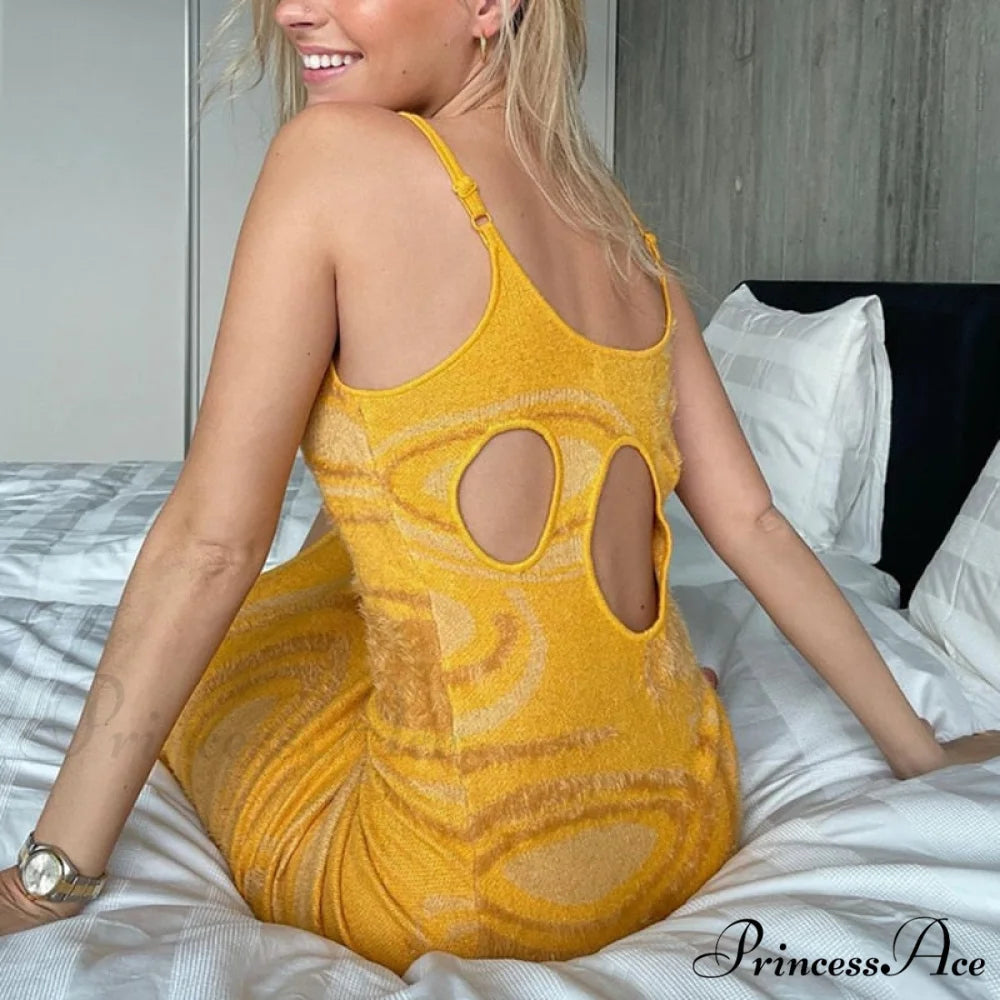 Paisley Vintage Spaghetti Fashion - Y2K Bodycon Strap Gown Coastal Party Green Vestido Yellow Knitted Dress / S