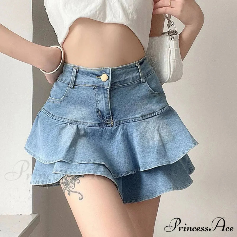 Pale Blue Frilled Denim Skirt skirts-250223