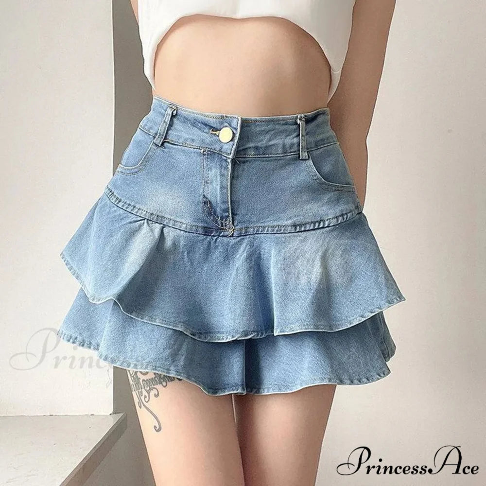 Pale Blue Frilled Denim Skirt skirts-250223