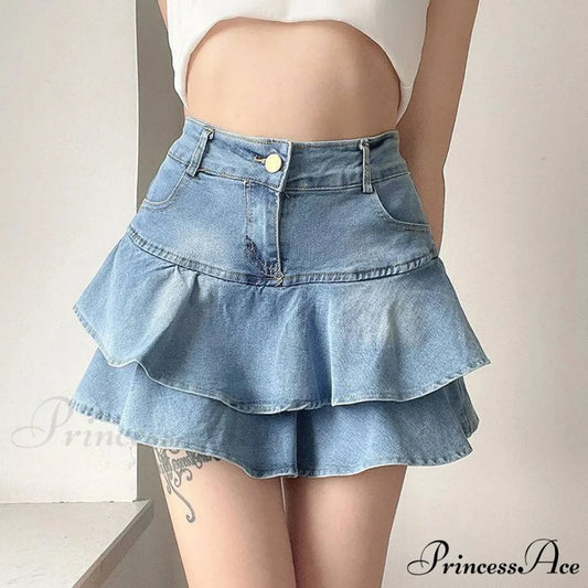 Pale Blue Frilled Denim Skirt skirts-250223