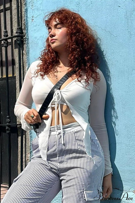 Panel Tie Irregular Long Sleeve Blouse