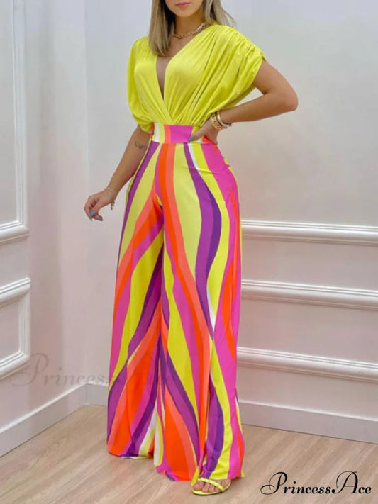Pant Blouse Warm-Season V Folded Neck Deep Straight High + Blouse Design Waist Set 02 Yellow / M