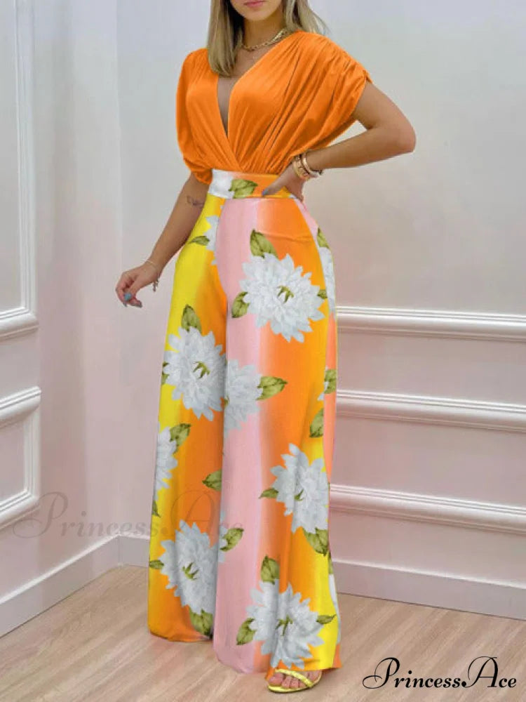 Pant Blouse Warm-Season V Folded Neck Deep Straight High + Blouse Design Waist Set 03 Orange / M