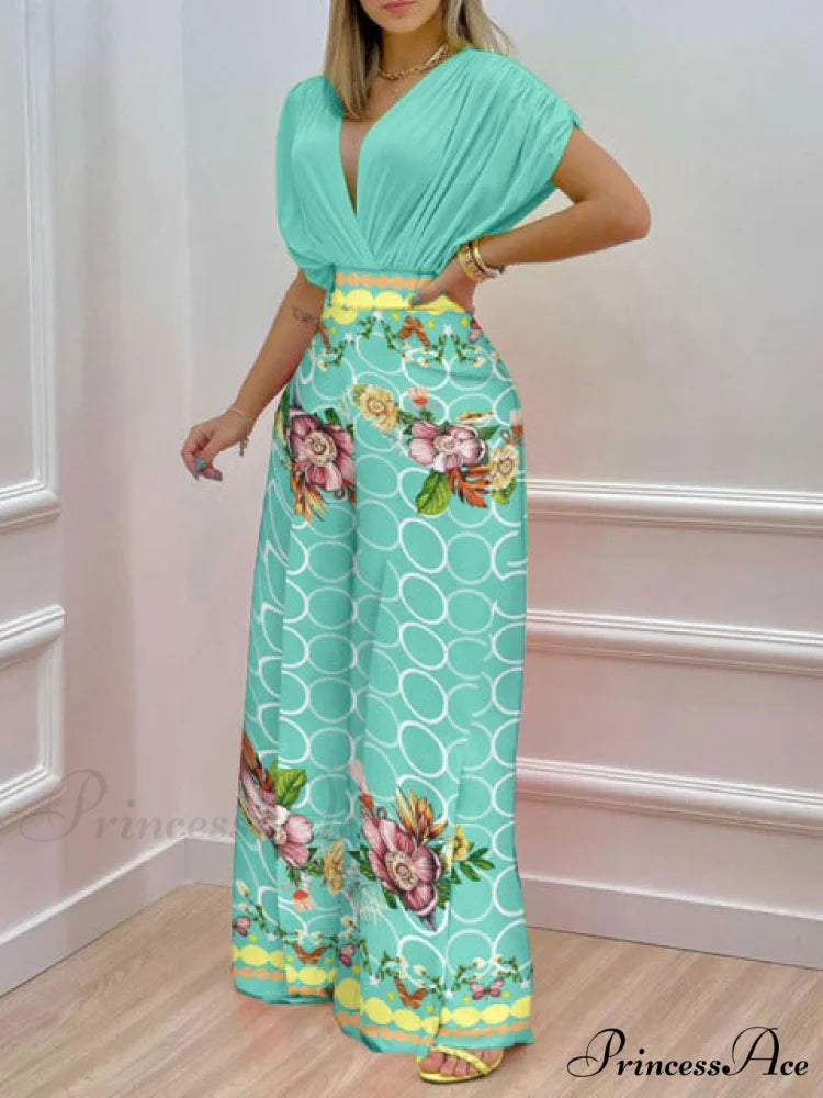 Pant Blouse Warm-Season V Folded Neck Deep Straight High + Blouse Design Waist Set 04 Blue / M