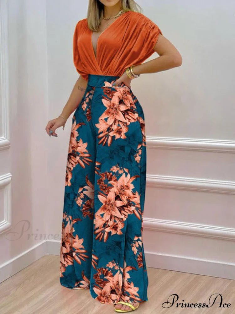 Pant Blouse Warm-Season V Folded Neck Deep Straight High + Blouse Design Waist Set 05 Flower / M
