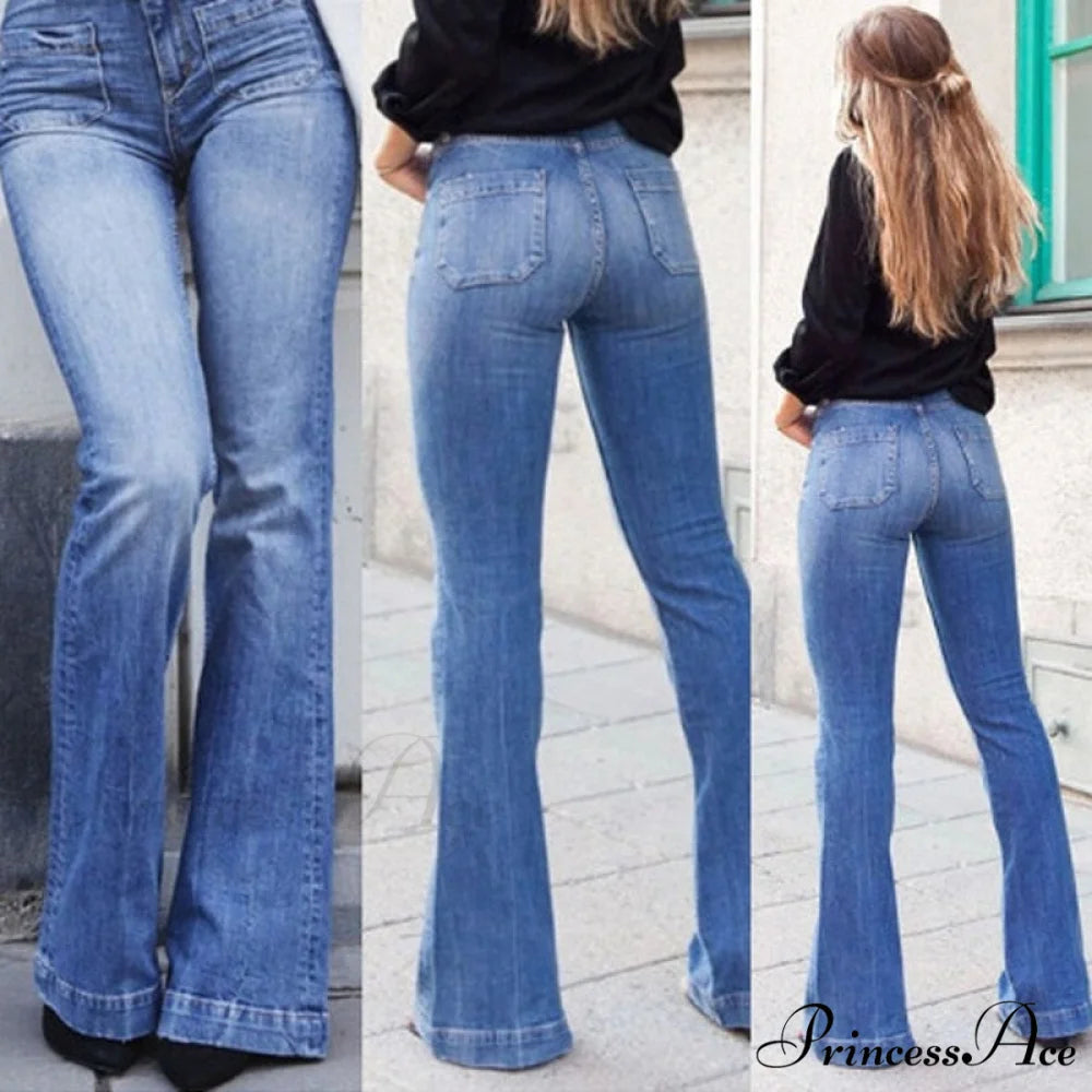 Pants Bottom Trousers Stretch Flared Jeans Bell Denim Women’s Fashion Low Rise Blue / XS / CN
