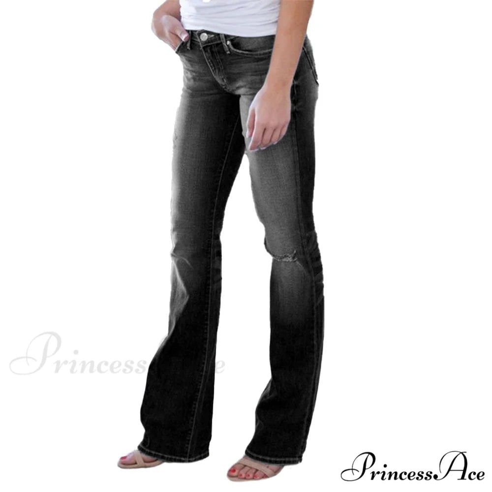 Pants Bottom Trousers Stretch Flared Jeans Bell Denim Women’s Fashion Low Rise Hole Black / XS / CN