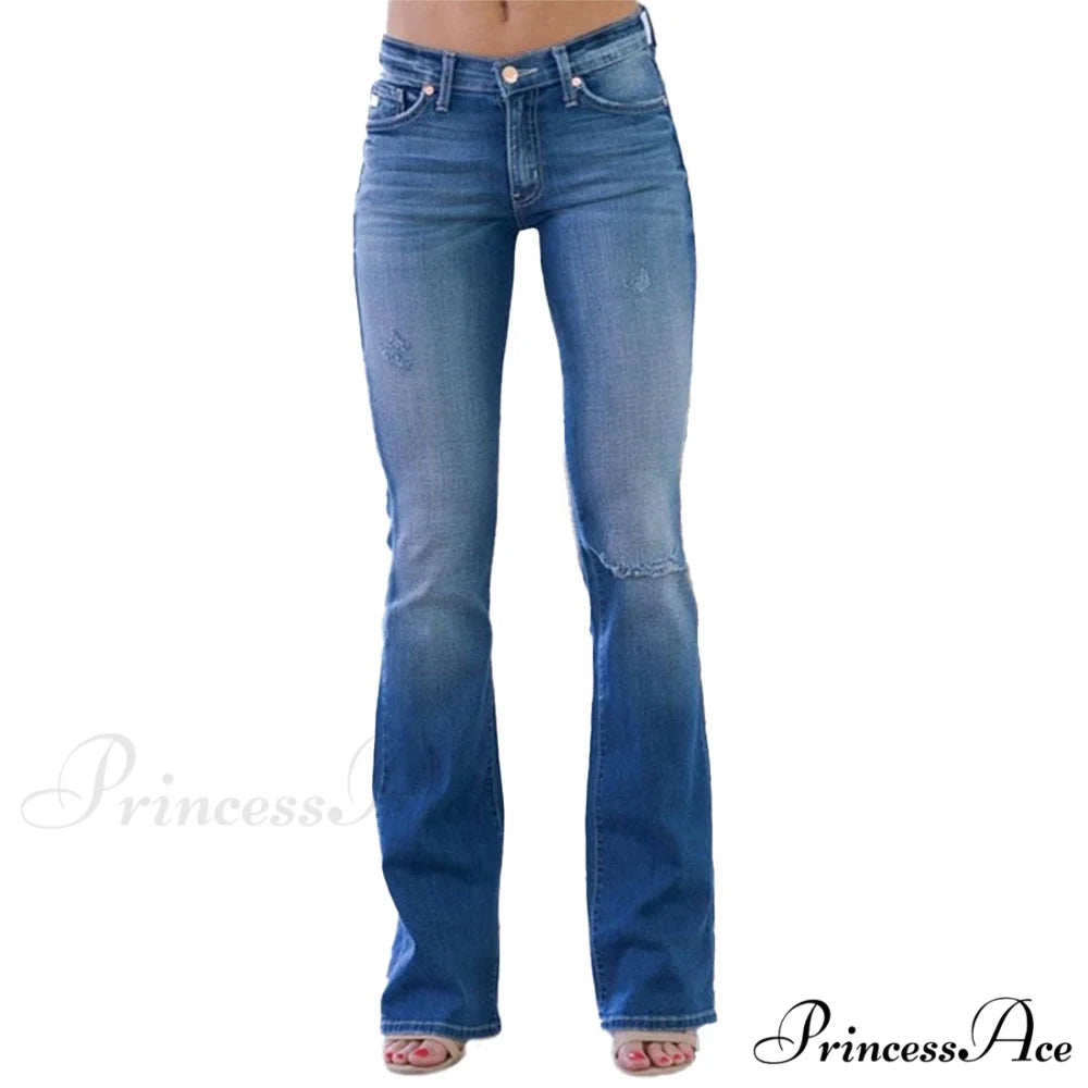 Pants Bottom Trousers Stretch Flared Jeans Bell Denim Women’s Fashion Low Rise Hole Blue / XS / CN