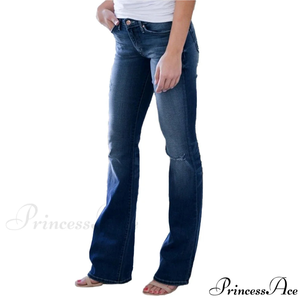 Pants Bottom Trousers Stretch Flared Jeans Bell Denim Women’s Fashion Low Rise Hole Dark Blue / XS / CN