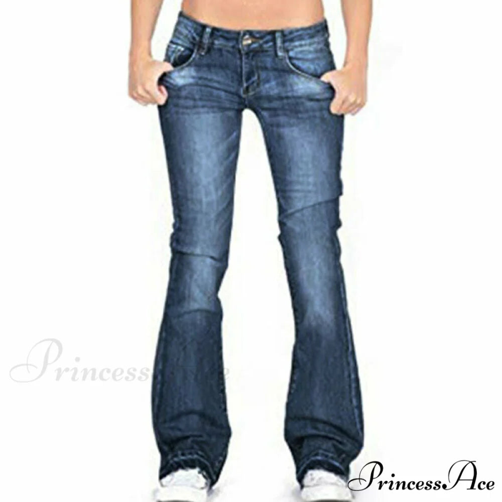 Pants Bottom Trousers Stretch Flared Jeans Bell Denim Women’s Fashion Low Rise Navy Blue / XS / CN