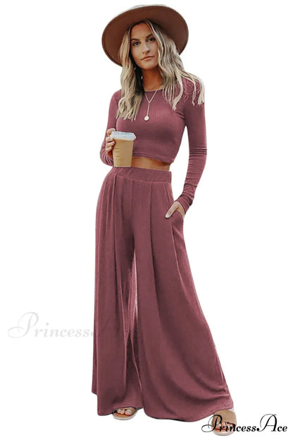 Pants Long in Solid Top and Ribbed Crop Set Color