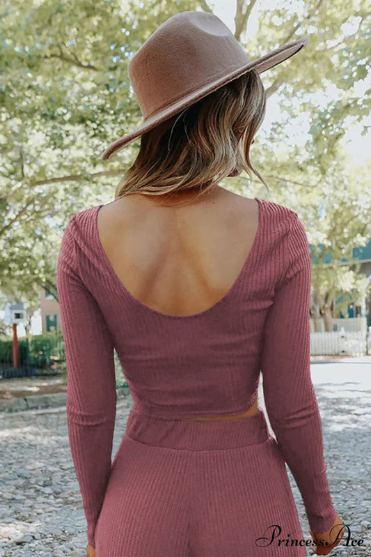 Pants Long in Solid Top and Ribbed Crop Set Color