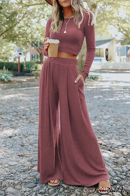 Pants Long in Solid Top and Ribbed Crop Set Color Pink / S / 65% Polyester + 25% Viscose + 10% Elastane