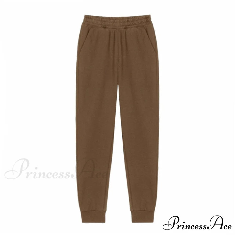 Pants Plus Fleece Casual Women Sweatshirt Couple Tracksuit Unisex Hoodies 2-Piece Size Pants 1-Brown / S