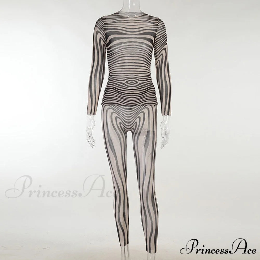 Pants Suit Sexy Costume Zebra Co-ord Striped Tracksuit for Mesh + Set 2 T-shirt Piece Long Autumn Women