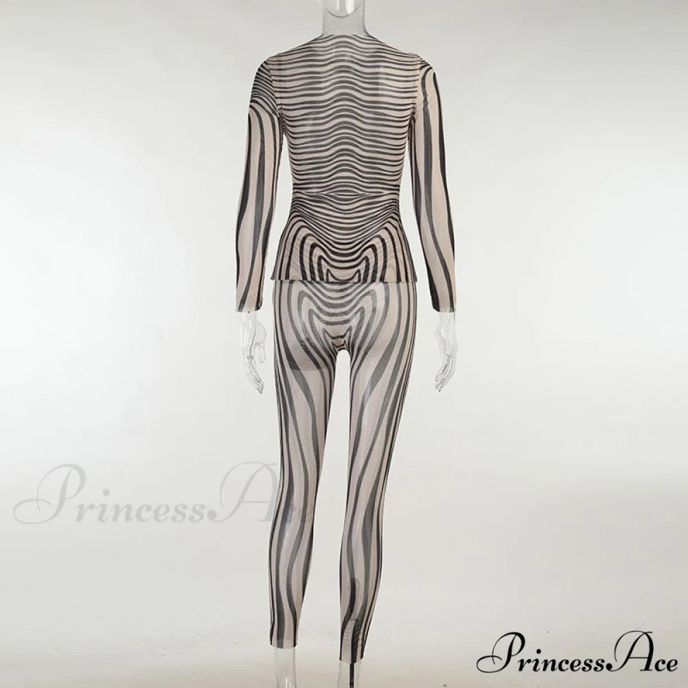 Pants Suit Sexy Costume Zebra Co-ord Striped Tracksuit for Mesh + Set 2 T-shirt Piece Long Autumn Women
