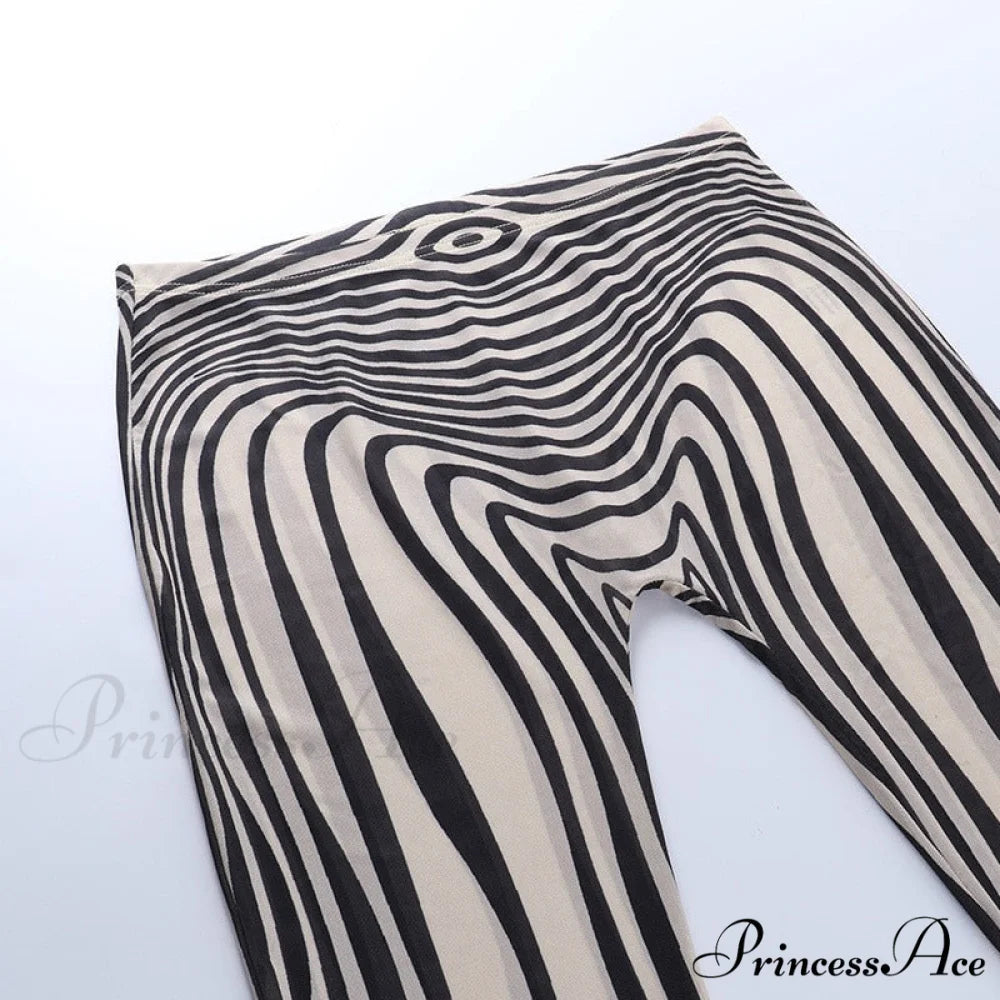 Pants Suit Sexy Costume Zebra Co-ord Striped Tracksuit for Mesh + Set 2 T-shirt Piece Long Autumn Women