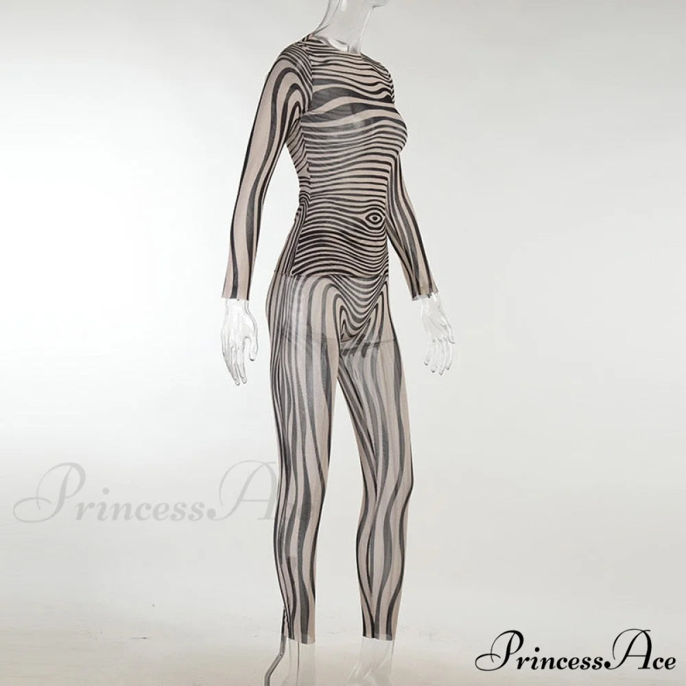 Pants Suit Sexy Costume Zebra Co-ord Striped Tracksuit for Mesh + Set 2 T-shirt Piece Long Autumn Women