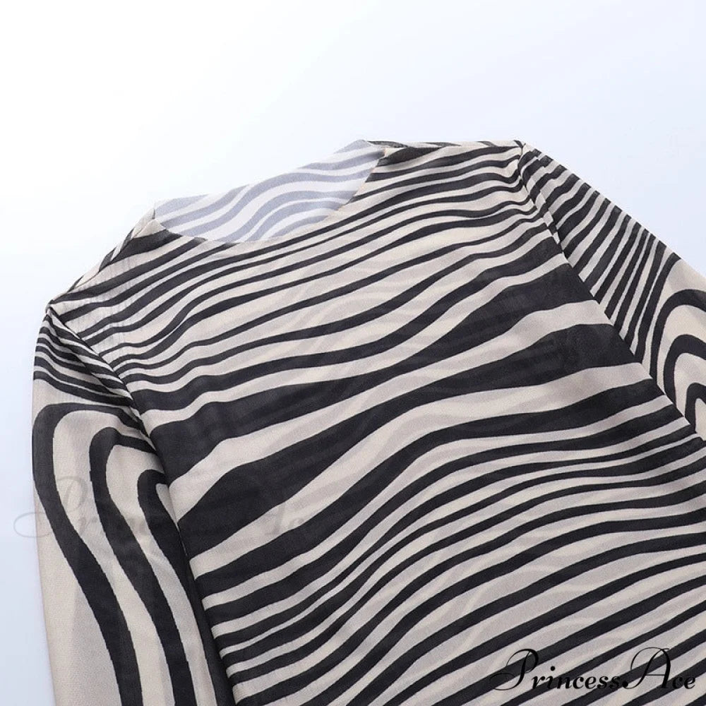 Pants Suit Sexy Costume Zebra Co-ord Striped Tracksuit for Mesh + Set 2 T-shirt Piece Long Autumn Women
