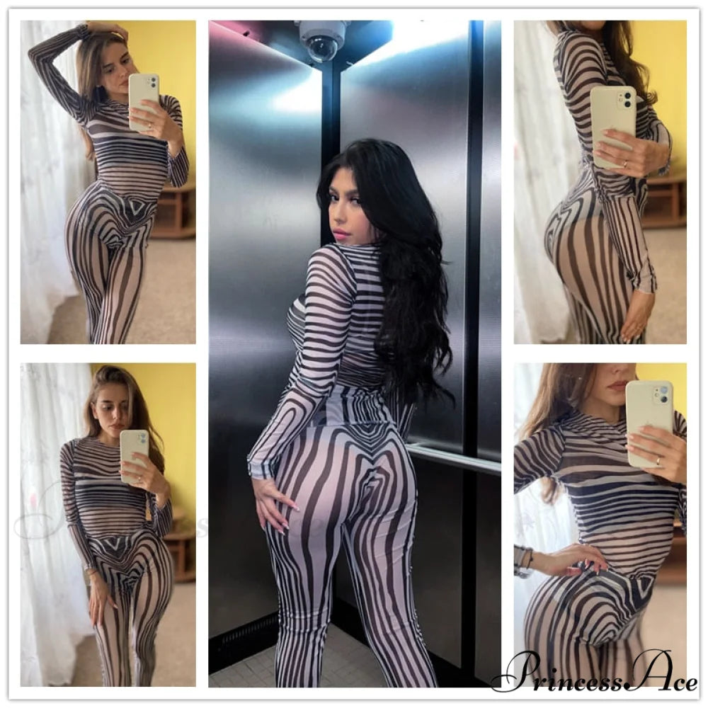 Pants Suit Sexy Costume Zebra Co-ord Striped Tracksuit for Mesh + Set 2 T-shirt Piece Long Autumn Women