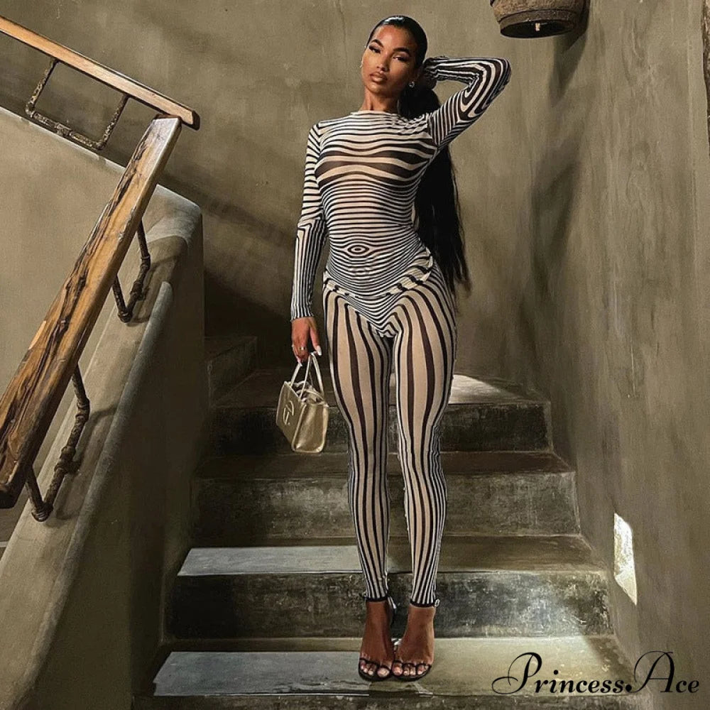 Pants Suit Sexy Costume Zebra Co-ord Striped Tracksuit for Mesh + Set 2 T-shirt Piece Long Autumn Women Black / S