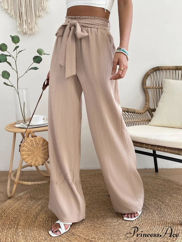 Paperbag Waist Belted Wide Leg Pants Apricot / S