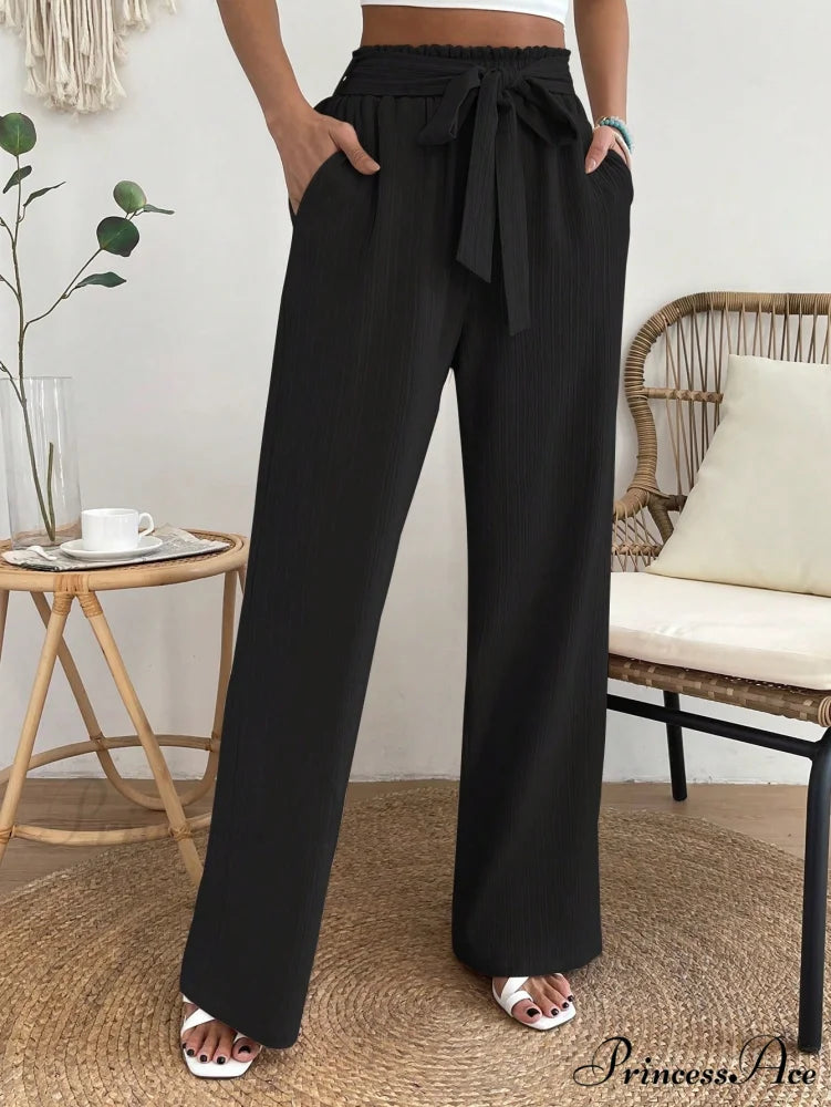 Paperbag Waist Belted Wide Leg Pants Black / S