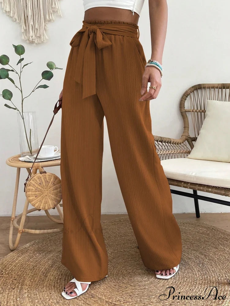 Paperbag Waist Belted Wide Leg Pants Brown / S