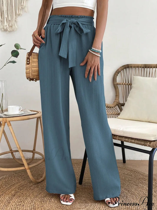 Paperbag Waist Belted Wide Leg Pants Cadet Blue / S