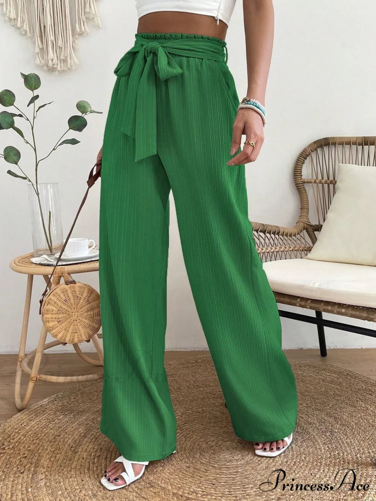 Paperbag Waist Belted Wide Leg Pants Dark Green / S